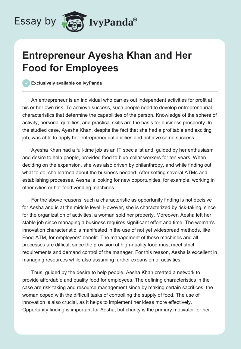 Entrepreneur Ayesha Khan and Her Food for Employees. Page 1