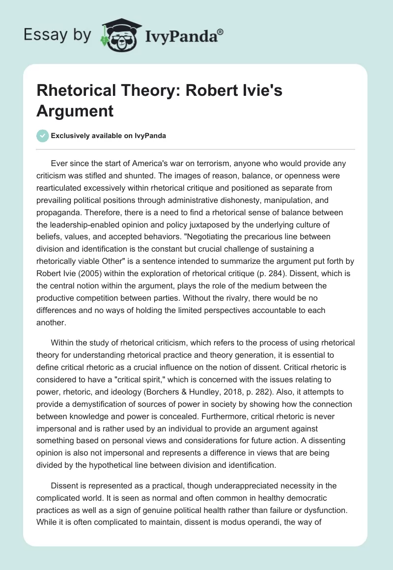 Rhetorical Theory: Robert Ivie's Argument. Page 1