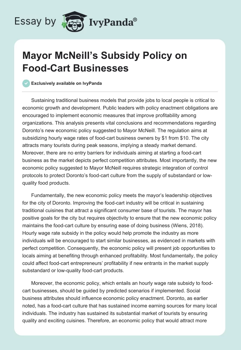 Mayor McNeill’s Subsidy Policy on Food-Cart Businesses. Page 1
