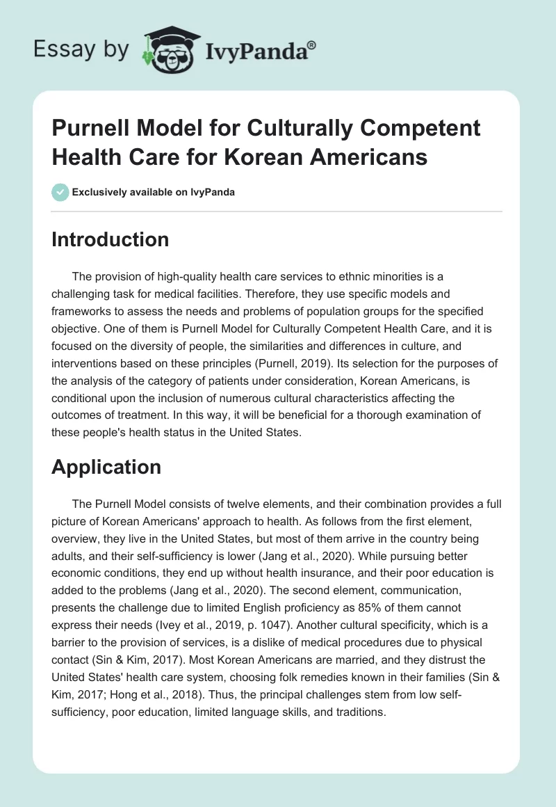 Purnell Model for Culturally Competent Health Care for Korean Americans. Page 1