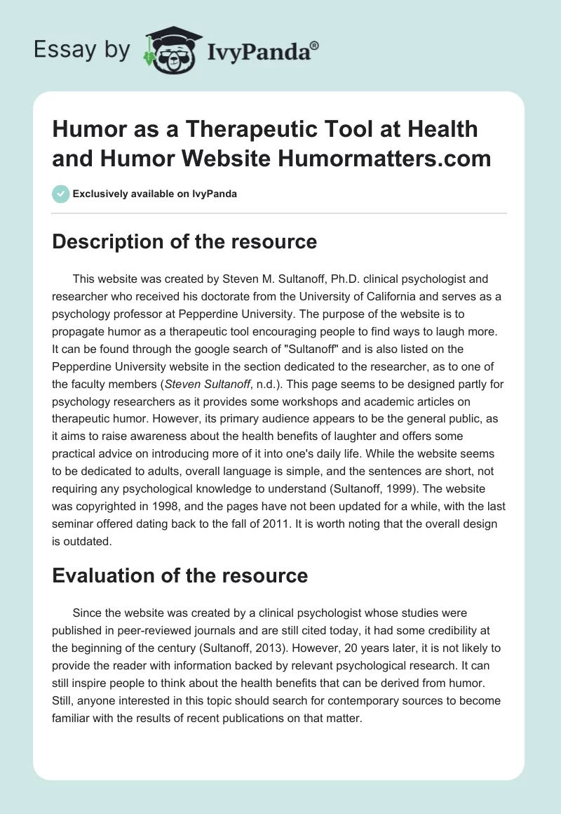 Humor as a Therapeutic Tool at Health and Humor Website Humormatters.com. Page 1