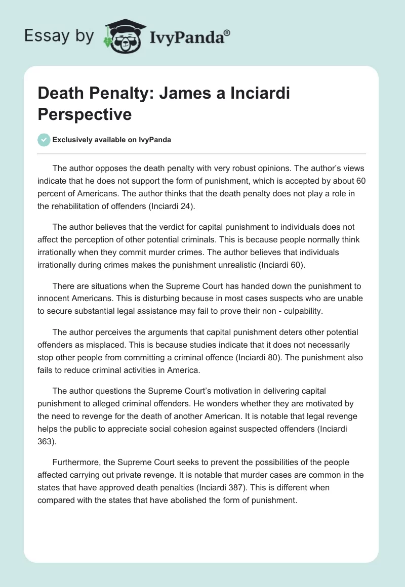 Death Penalty: James a Inciardi Perspective. Page 1
