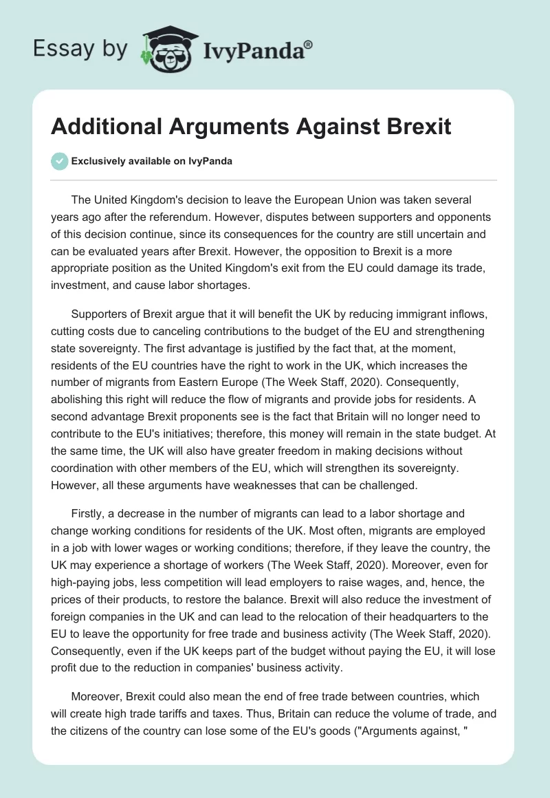 Additional Arguments Against Brexit. Page 1