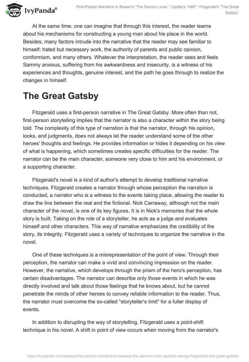First-Person Narrative in Bowen's ”The Demon Lover,” Updike's ”A&P,” Fitzgerald's ”The Great Gatsby”. Page 3
