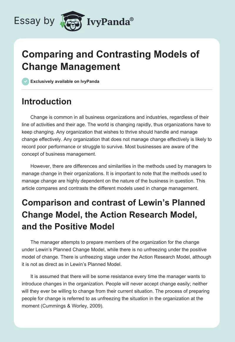 Comparing and Contrasting Models of Change Management. Page 1