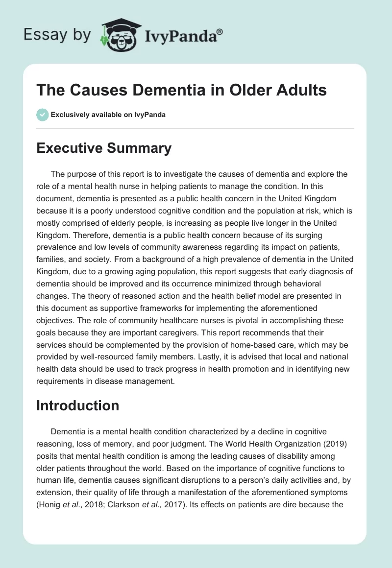 The Causes Dementia in Older Adults. Page 1