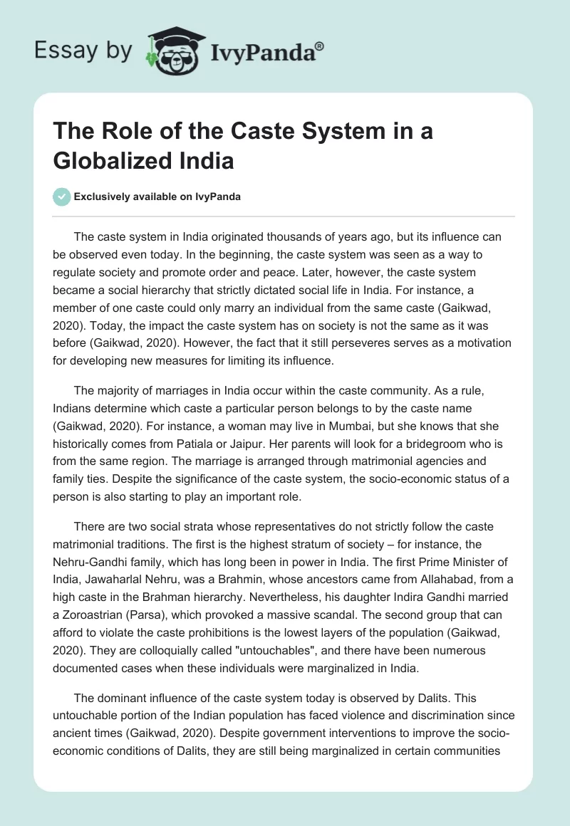The Role of the Caste System in a Globalized India. Page 1