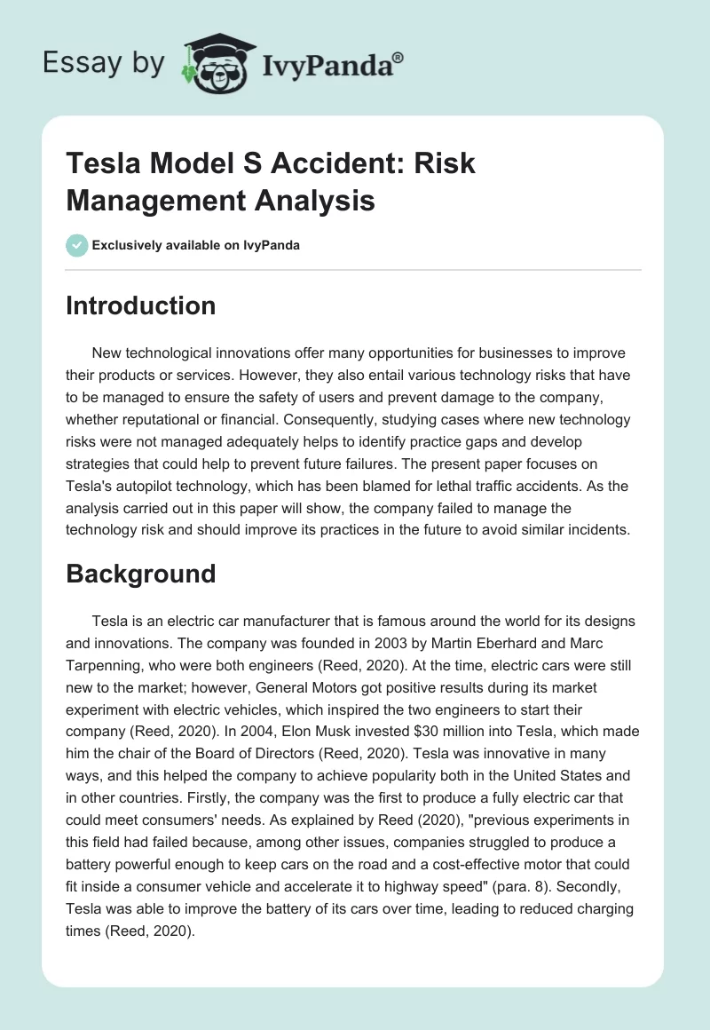 Tesla Model S Accident: Risk Management Analysis. Page 1