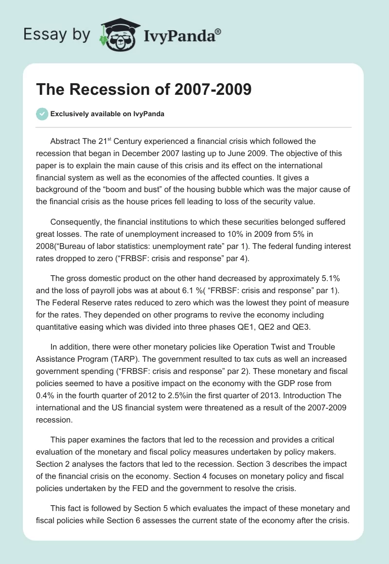 The Recession of 2007-2009. Page 1