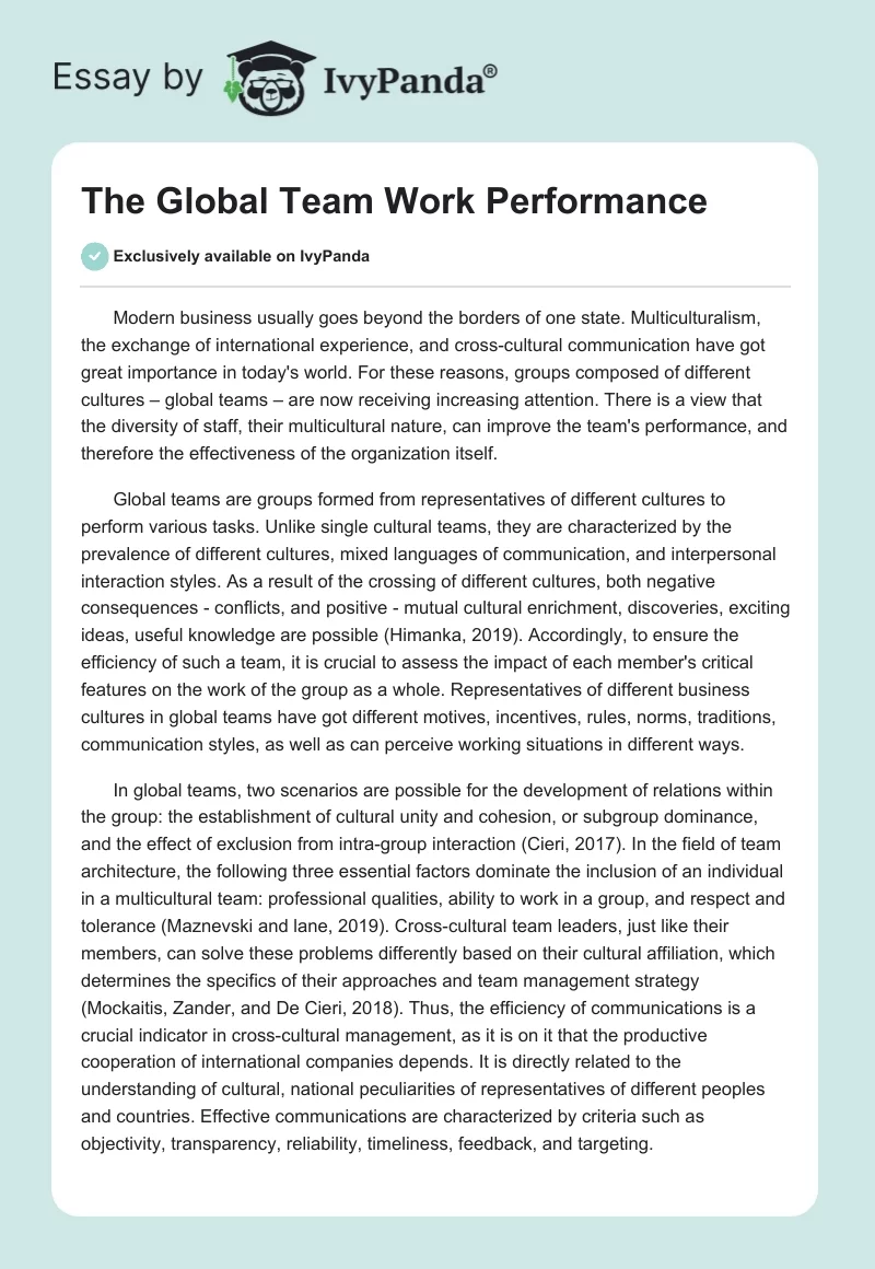 The Global Team Work Performance. Page 1