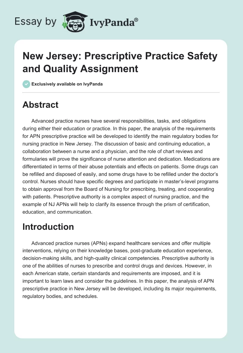 New Jersey: Prescriptive Practice Safety and Quality Assignment. Page 1