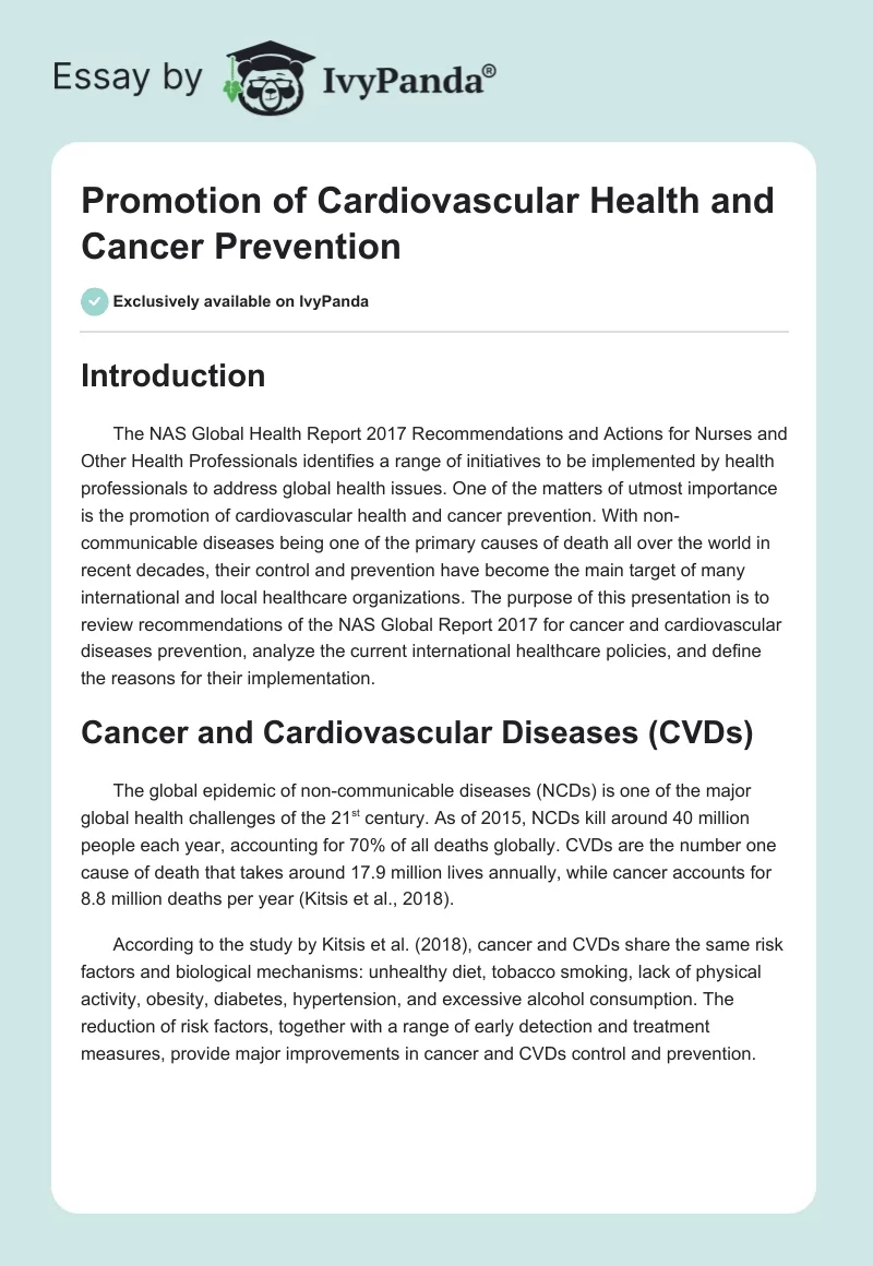 Promotion of Cardiovascular Health and Cancer Prevention. Page 1
