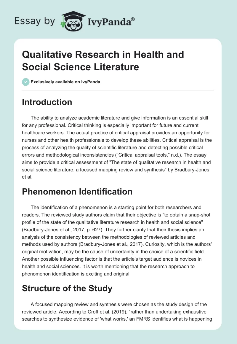 Qualitative Research in Health and Social Science Literature. Page 1