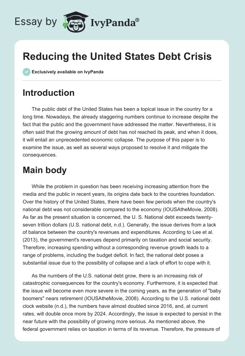 Reducing the United States Debt Crisis. Page 1