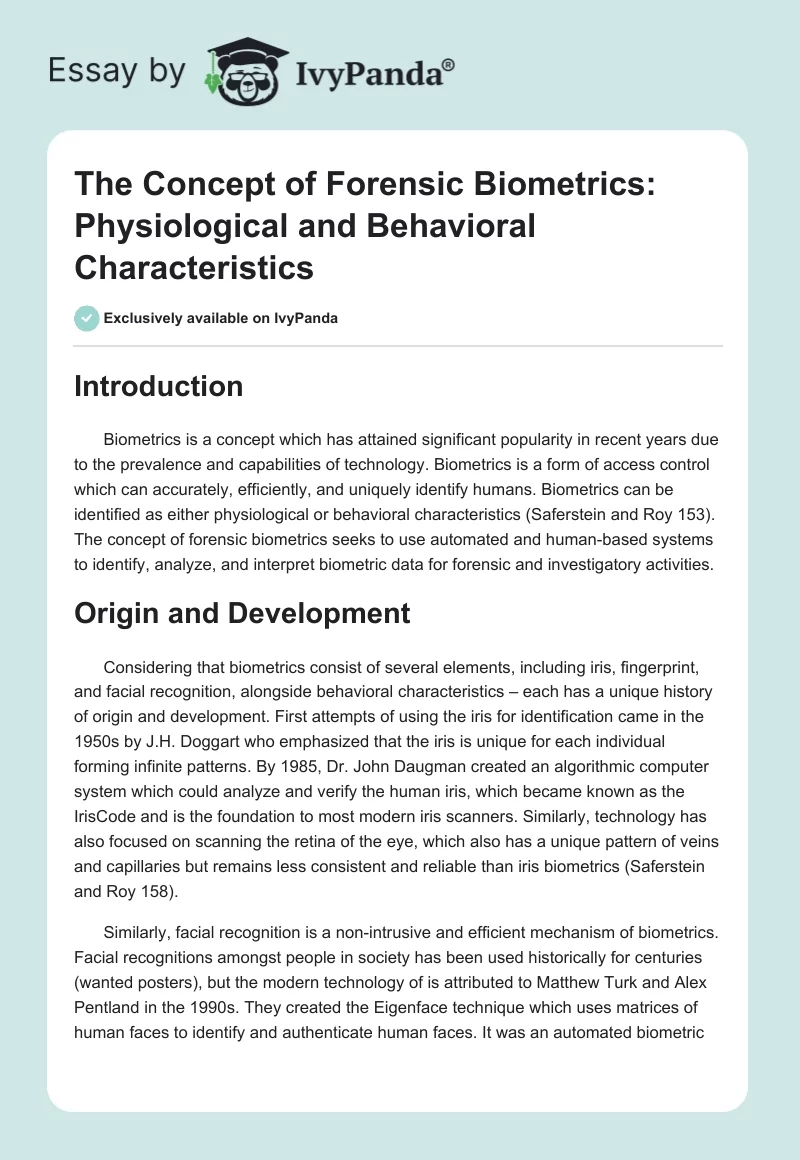 The Concept of Forensic Biometrics: Physiological and Behavioral Characteristics. Page 1