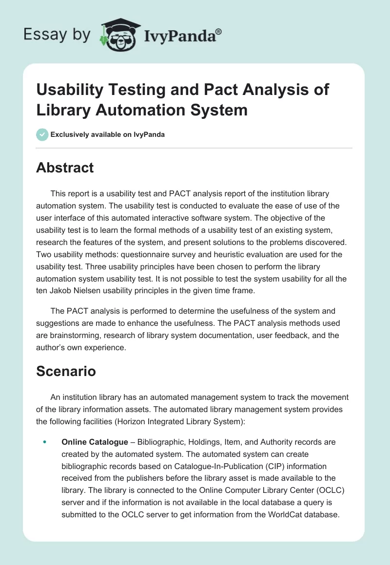 Usability Testing and Pact Analysis of Library Automation System. Page 1