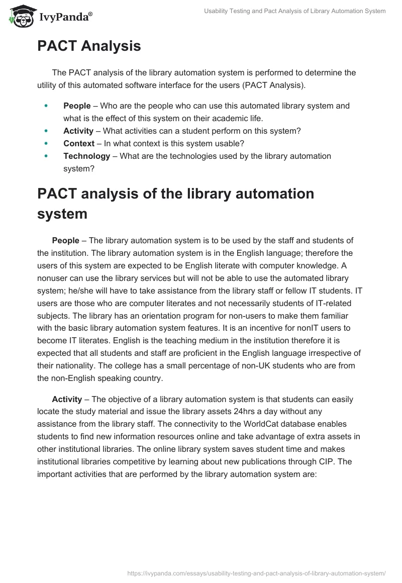 Usability Testing and Pact Analysis of Library Automation System. Page 4
