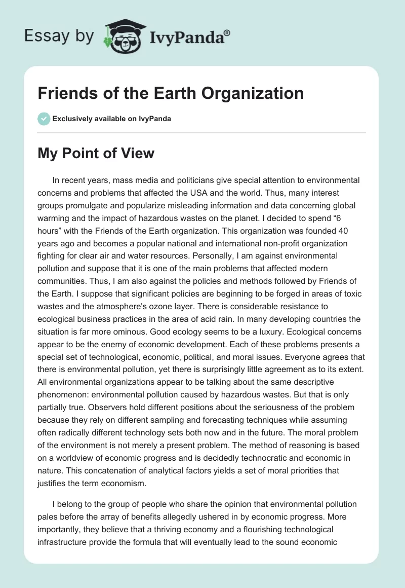 Friends of the Earth Organization. Page 1