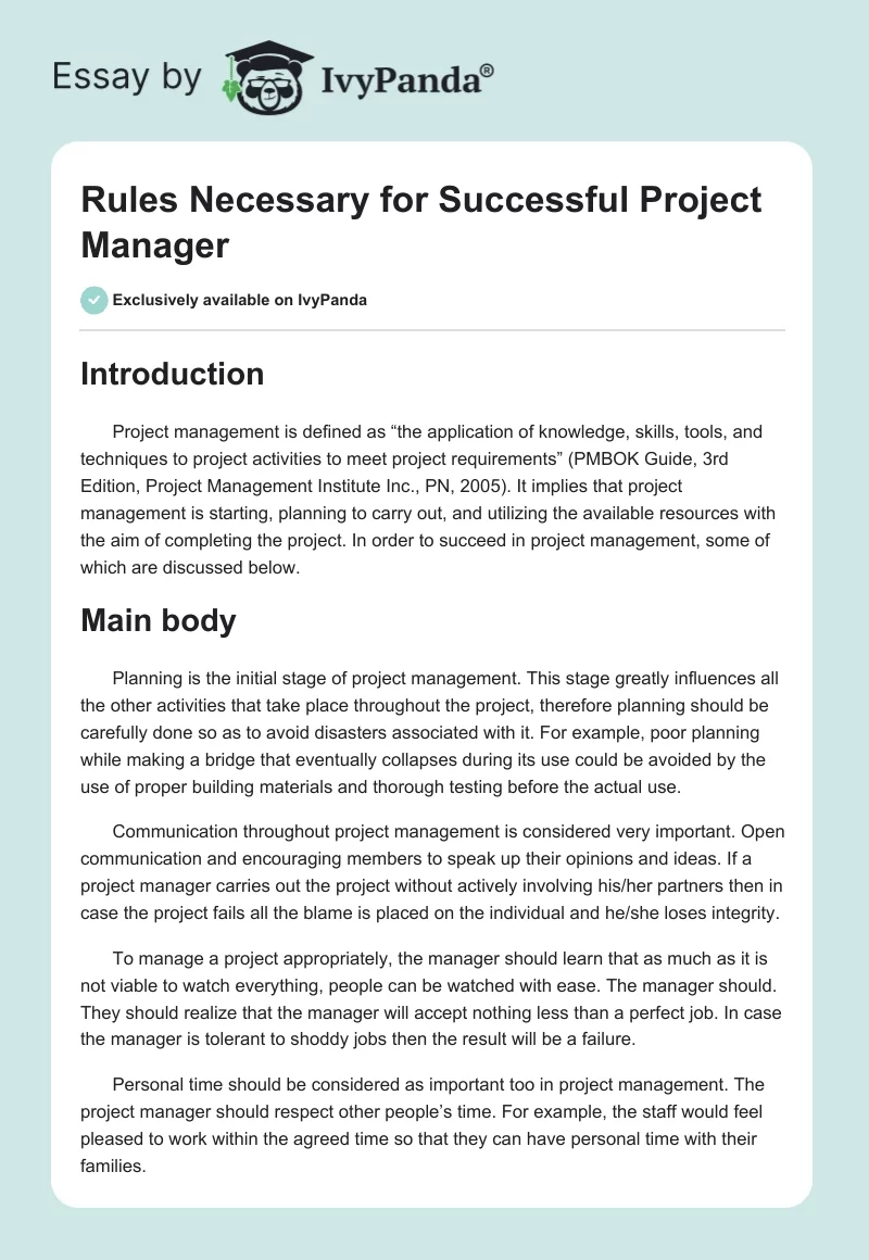 Rules Necessary for Successful Project Manager. Page 1