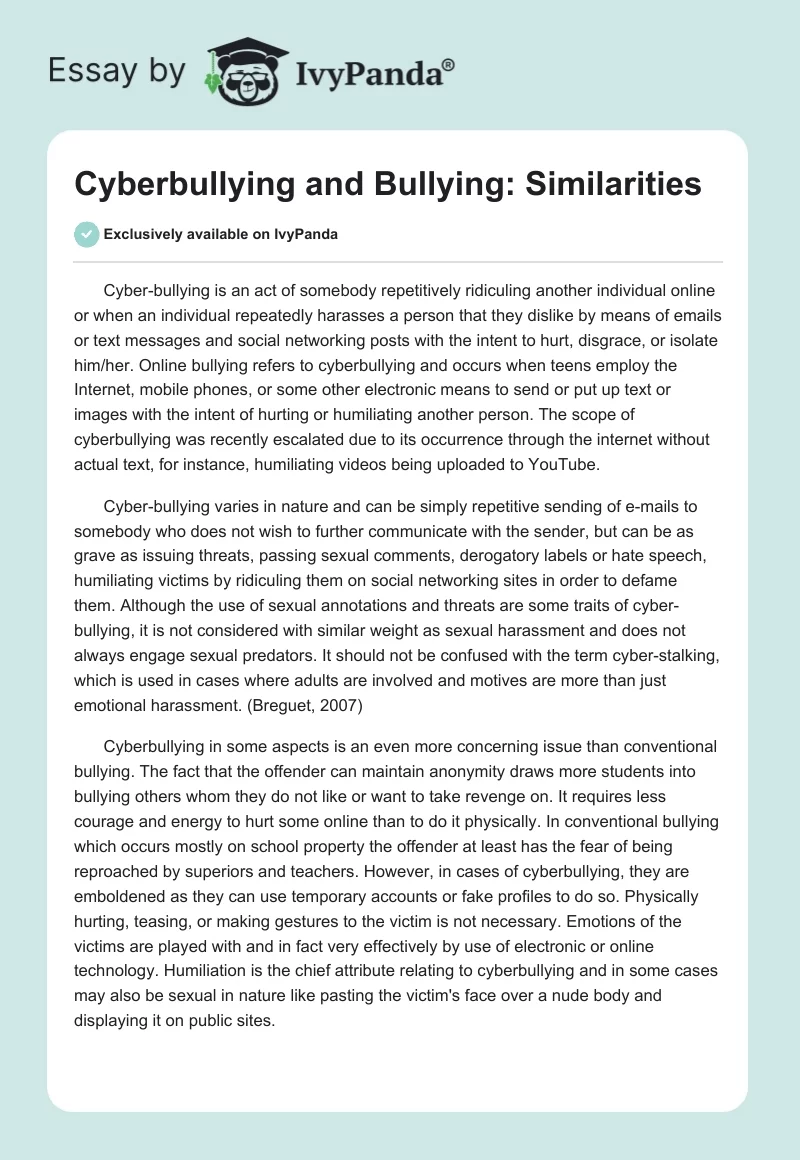 Cyberbullying and Bullying: Similarities. Page 1