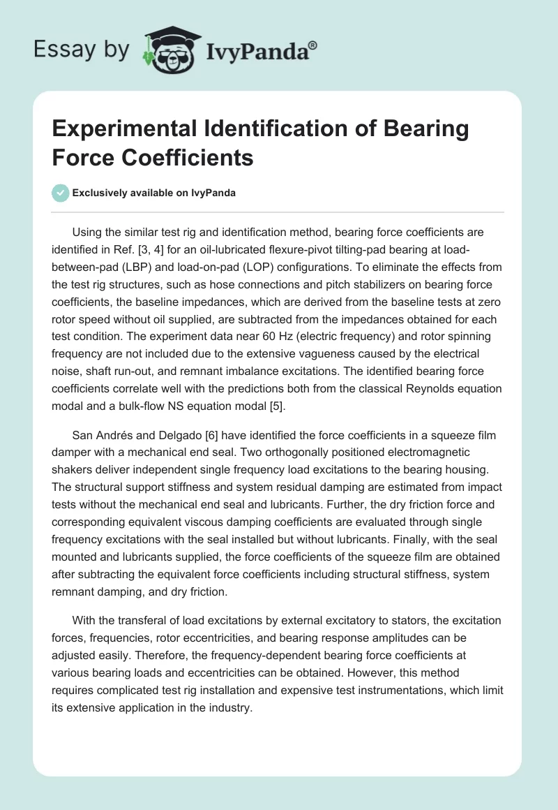 Experimental Identification of Bearing Force Coefficients. Page 1