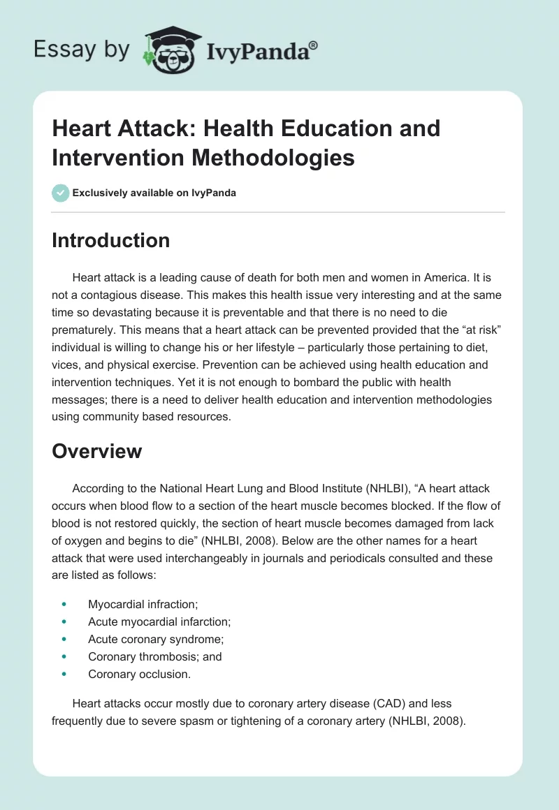 Heart Attack: Health Education and Intervention Methodologies. Page 1