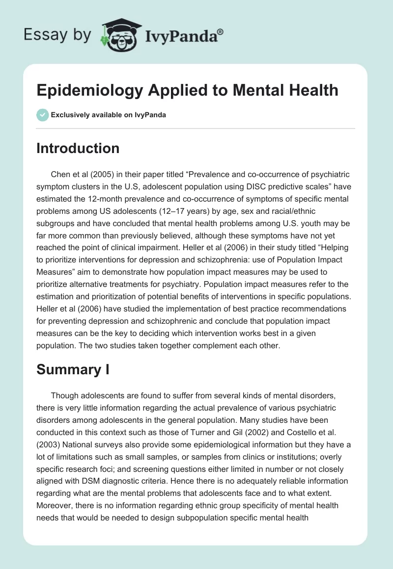 Epidemiology Applied to Mental Health. Page 1