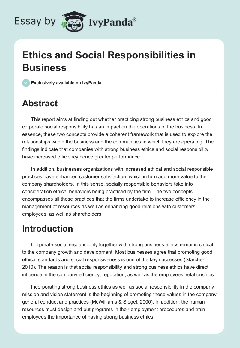 Ethics and Social Responsibilities in Business. Page 1