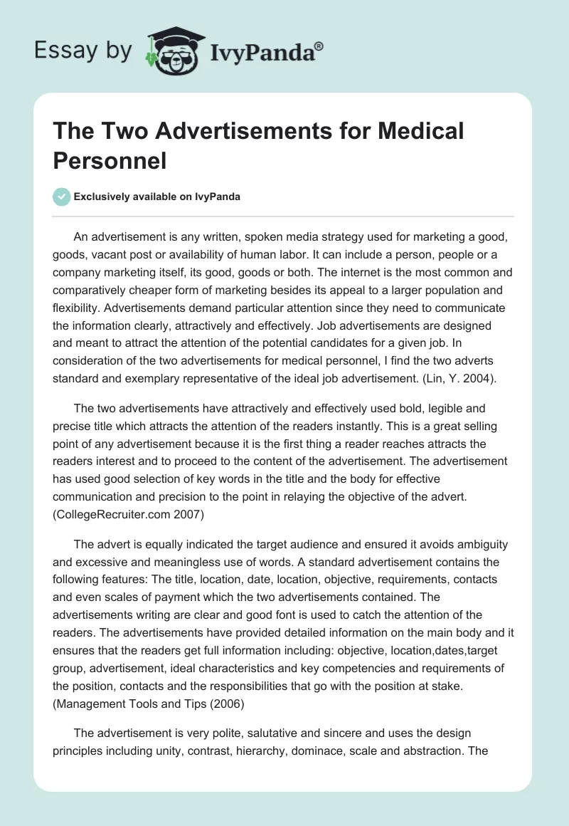 The Two Advertisements for Medical Personnel. Page 1
