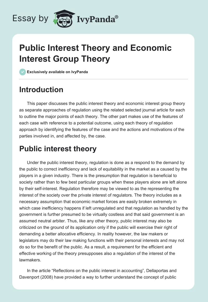 Public Interest Theory and Economic Interest Group Theory. Page 1