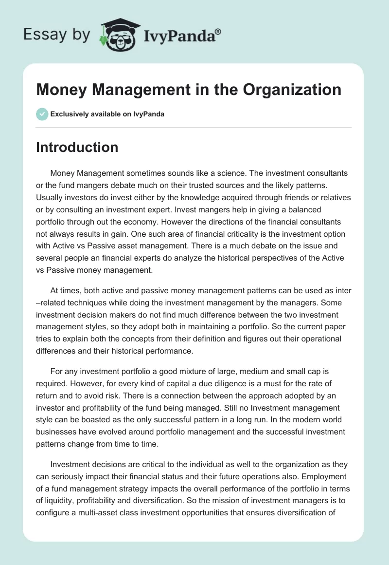 Money Management in the Organization. Page 1