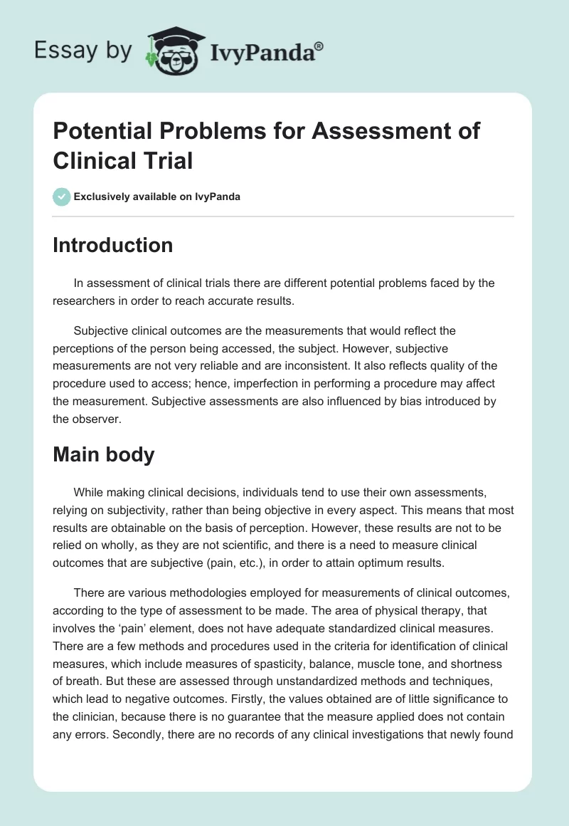 Potential Problems for Assessment of Clinical Trial. Page 1