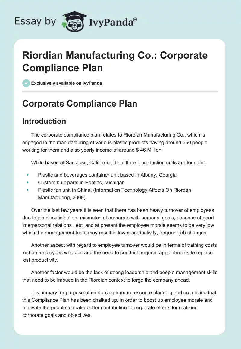 Riordian Manufacturing Co.: Corporate Compliance Plan. Page 1