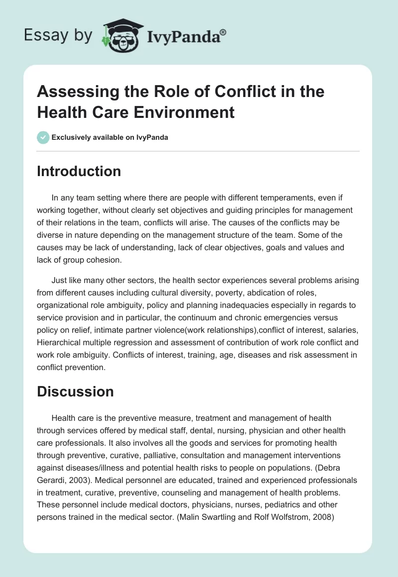 Assessing the Role of Conflict in the Health Care Environment. Page 1