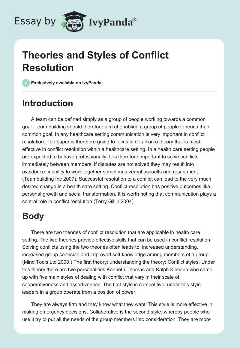 Theories and Styles of Conflict Resolution. Page 1