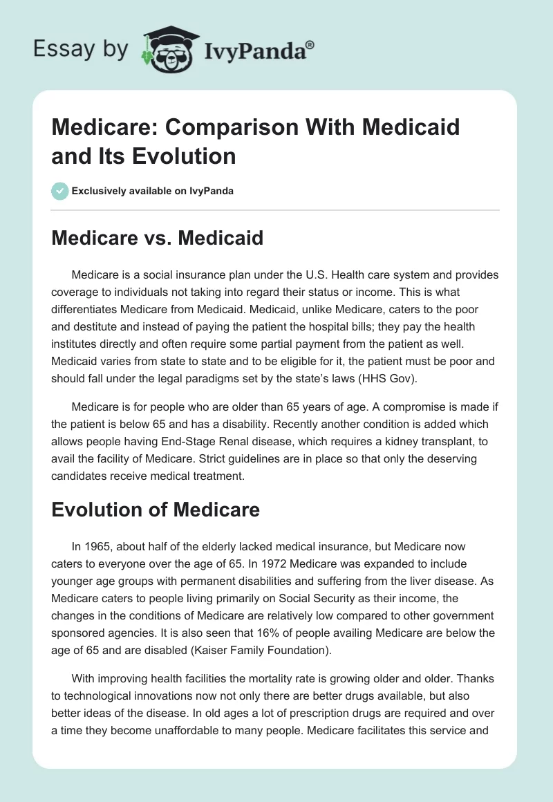 Medicare: Comparison With Medicaid and Its Evolution. Page 1