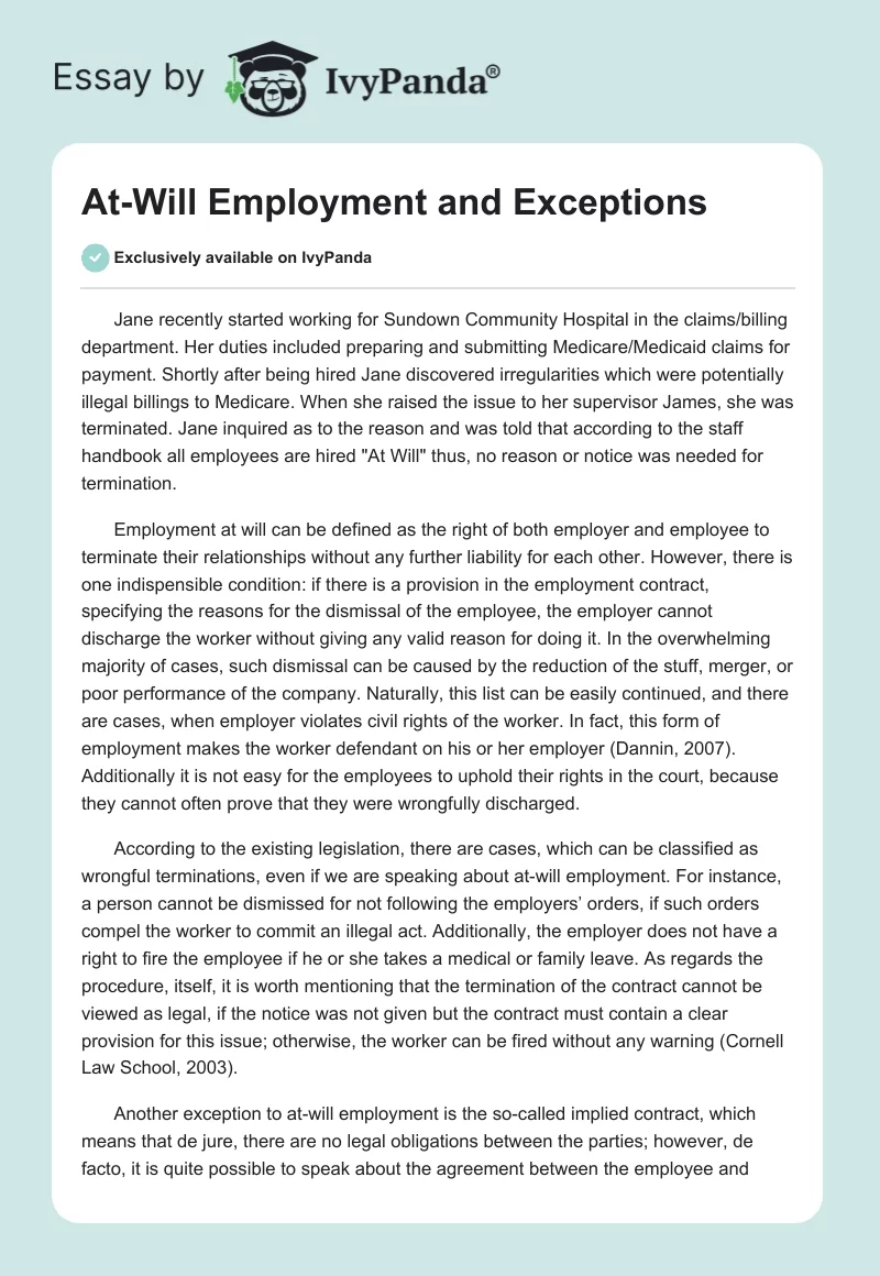 At-Will Employment and Exceptions. Page 1
