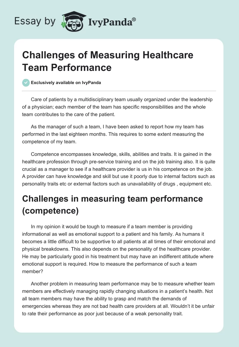 Challenges of Measuring Healthcare Team Performance. Page 1