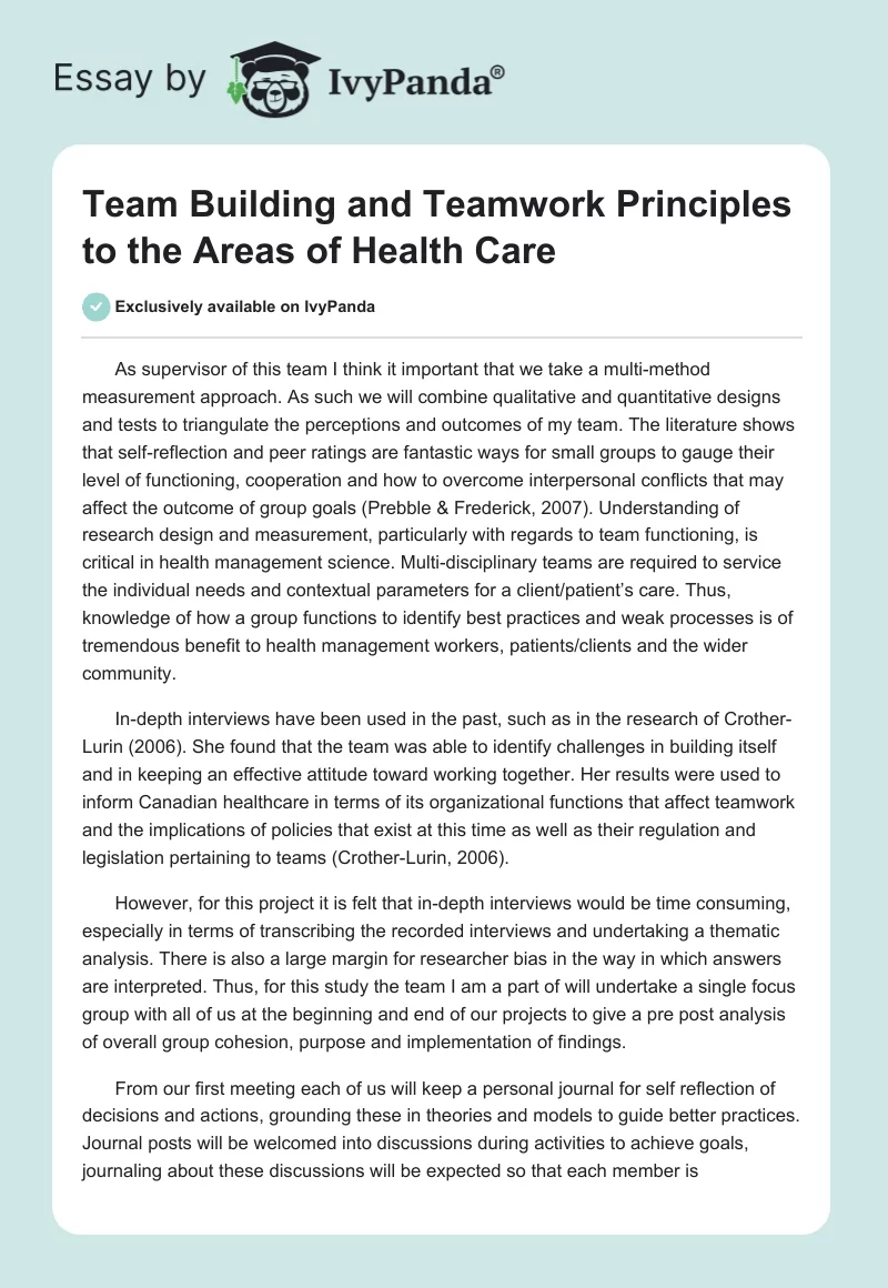 Team Building and Teamwork Principles to the Areas of Health Care. Page 1