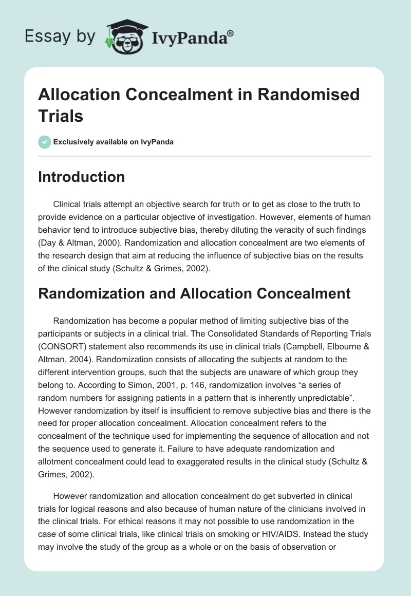 Allocation Concealment in Randomised Trials. Page 1