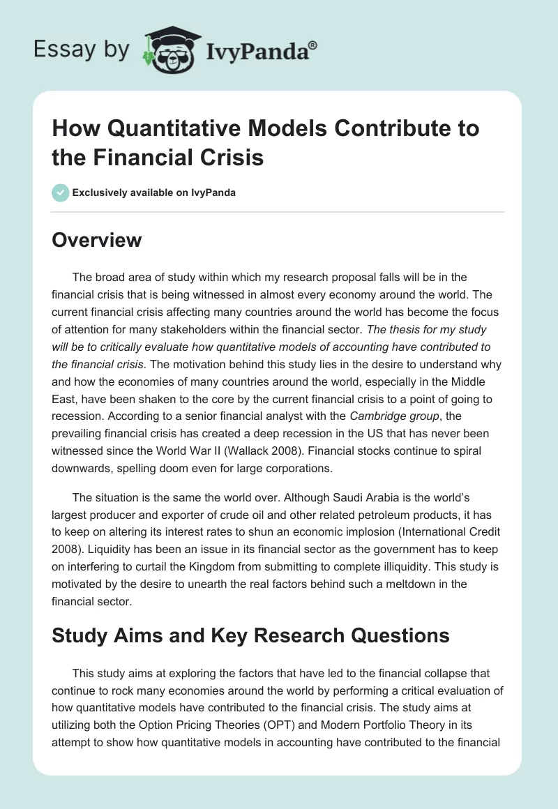 How Quantitative Models Contribute to the Financial Crisis. Page 1