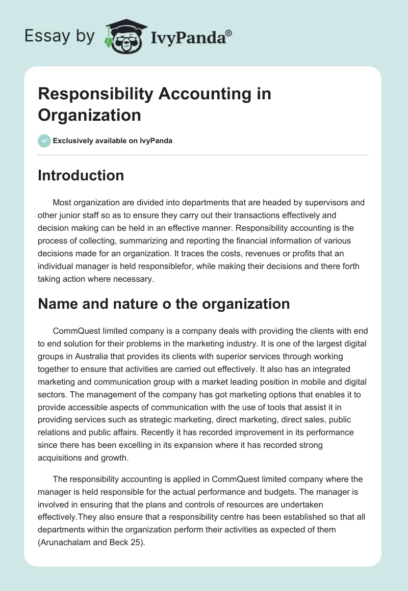 Responsibility Accounting in Organization. Page 1