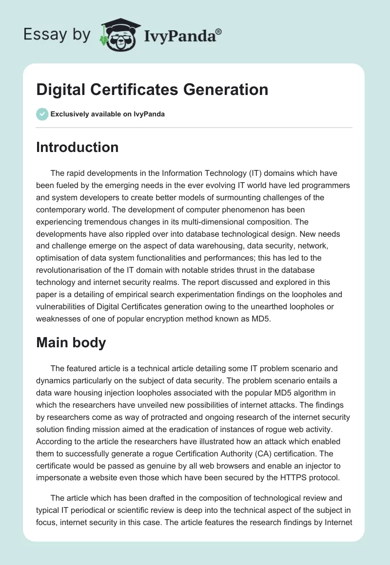 Digital Certificates Generation. Page 1