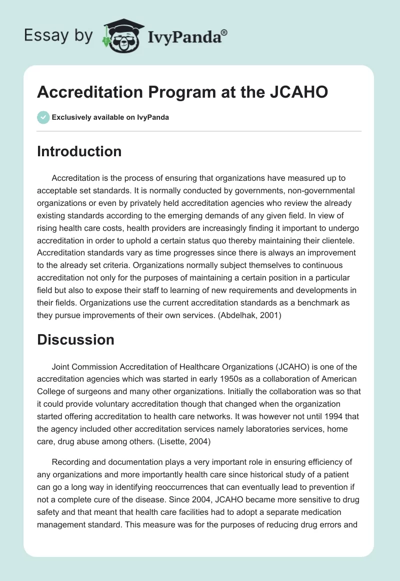 Accreditation Program at the JCAHO. Page 1