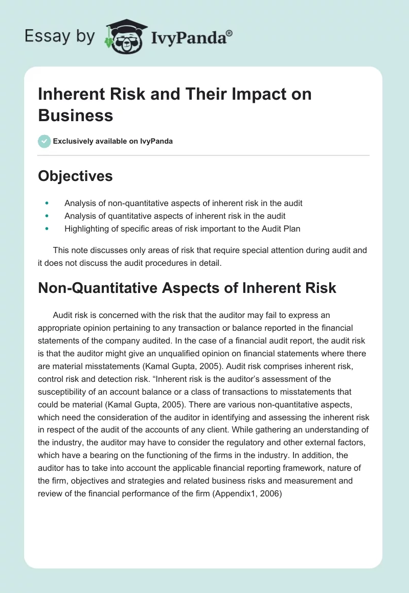 Inherent Risk and Their Impact on Business. Page 1
