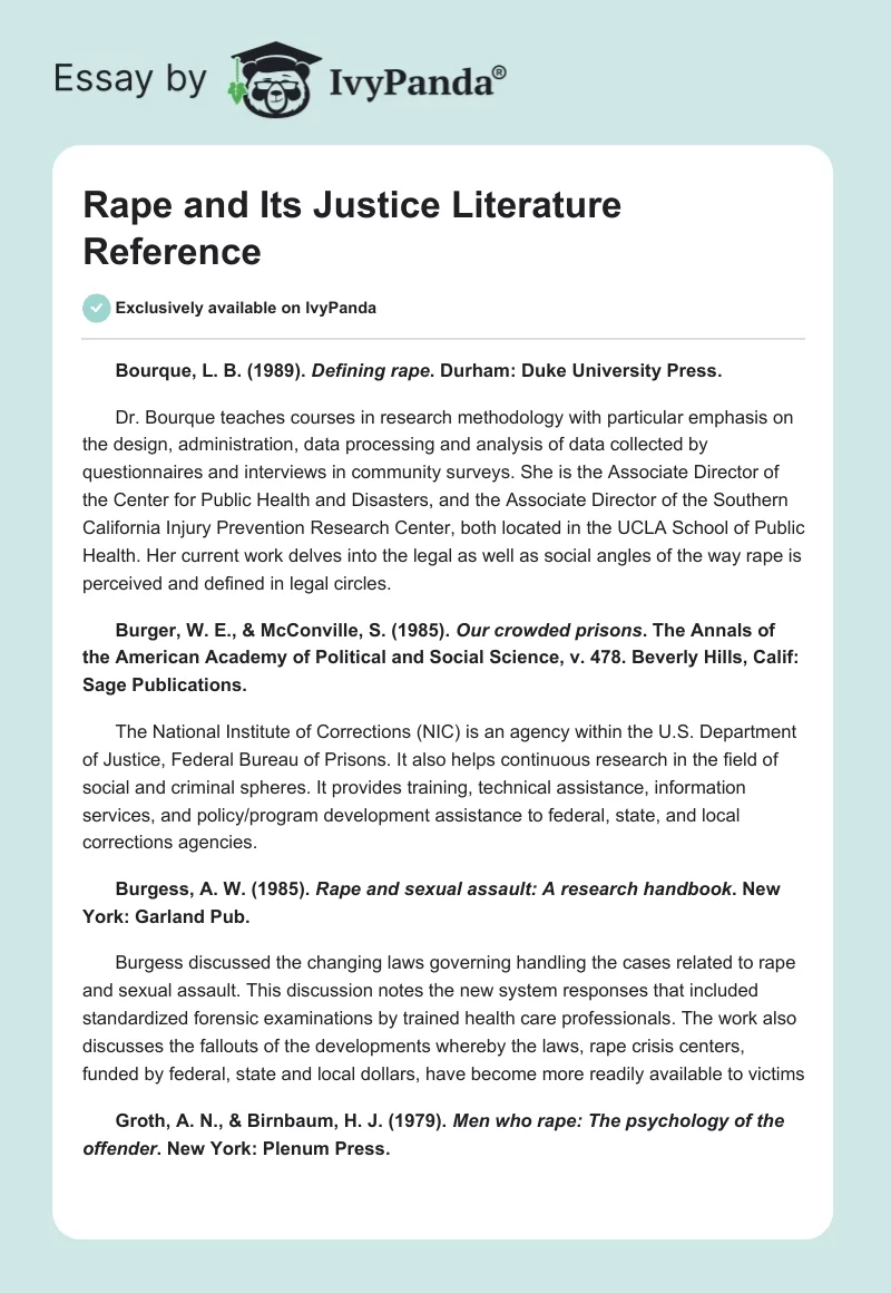 Rape and Its Justice Literature Reference. Page 1