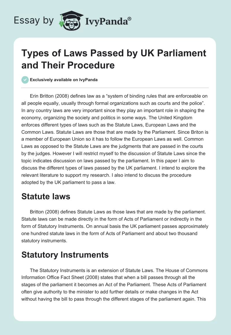 Types of Laws Passed by UK Parliament and Their Procedure. Page 1