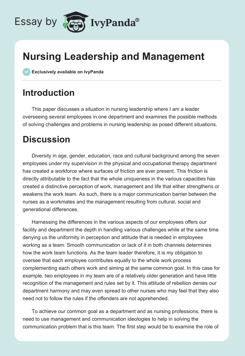 Nursing Leadership and Management. Page 1