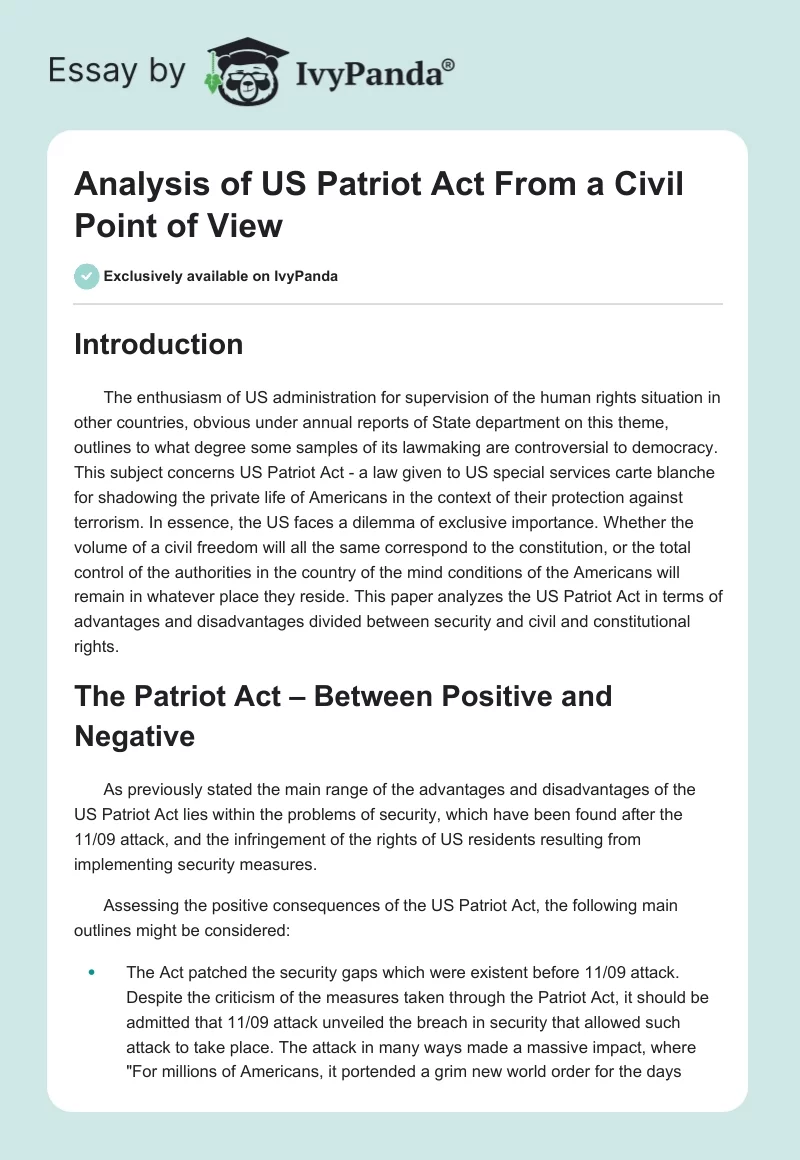 Analysis of US Patriot Act From a Civil Point of View. Page 1