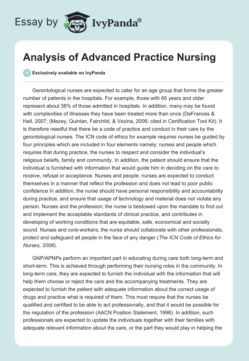 Analysis of Advanced Practice Nursing. Page 1